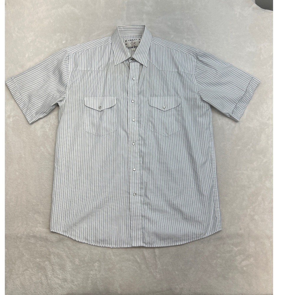 Crazy Cowboy Western Shirt Mens L White Blue Striped Pearl Snap Short Sleeve